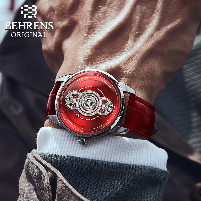 BEHRENS Original Collection Automatic Mechanical Movement Genuine Leather Strap Watch Unisex Red Watch Dial-1