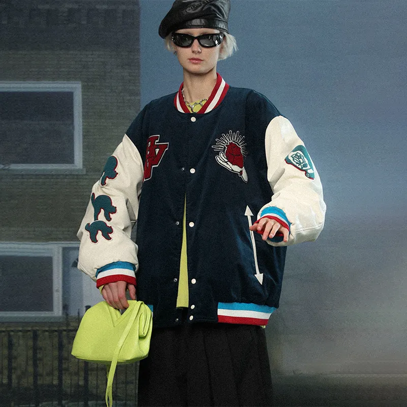 UNVESNO Brand Logo Letter Cartoon Baseball Collar Loose Fit Thickened Puffer Jacket Unisex Blue Green-3
