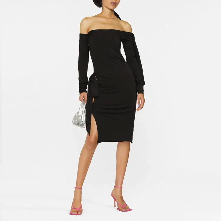Rotate Off shoulder Tie detail Midi Dress-2