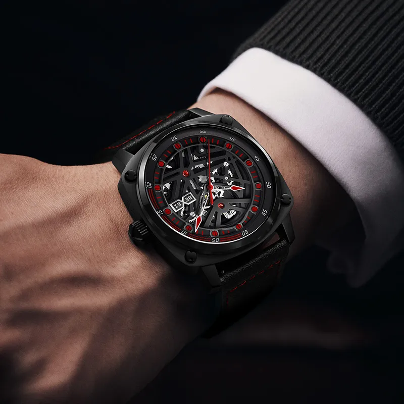BEXEI Dresden Collection Mechanical Movement Genuine Leather Strap Watch Men's Watches Cut-Out Dial 9056-HKHM-3