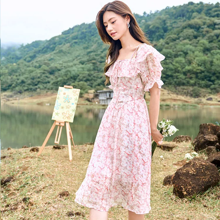 XIANGYING Short Sleeved Dresses Women's Peach Red-3