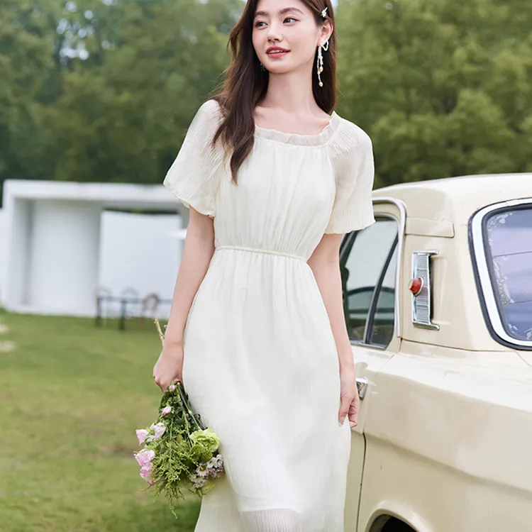 XIANGYING Short Sleeved Dress Women's Beige-2