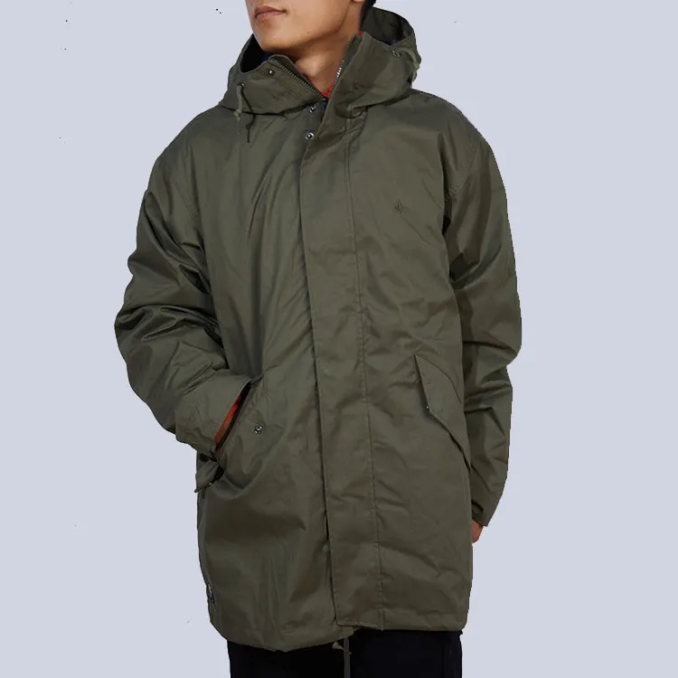 VOLCOM Solid Color Hooded Thickened Puffer Jacket Unisex Army Green-2