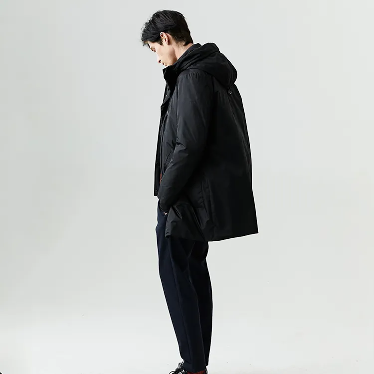 DAVID NAMAN Solid Color Hooded Mid Length Down Jacket Men's Black-5