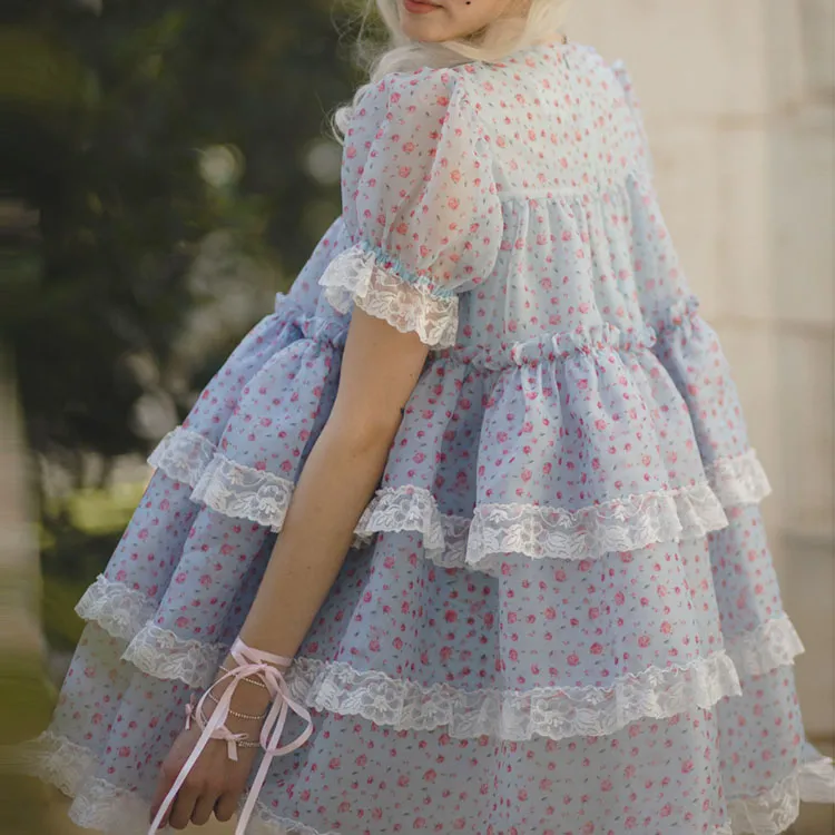 Selkie Short Sleeved Dresses Women's Light Blue Vintage Rose Floral-3