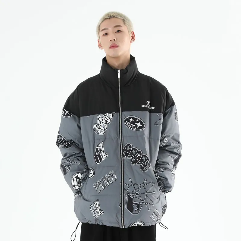 PCMY x Genesiszero Letter Geometric Pattern Stand Collar Loose Fit Thickened Puffer Jacket Unisex-7