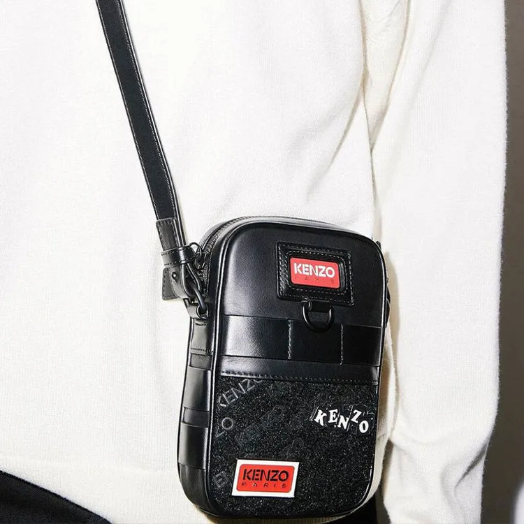 KENZO Cow Leather Shoulder Bag Crossbody Bag Small Size Unisex Black-2