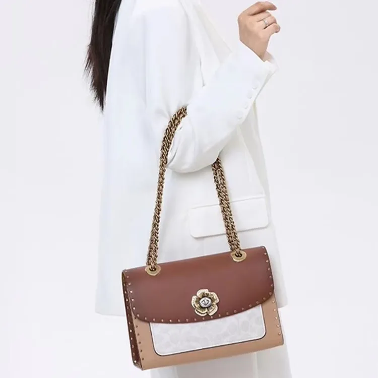 COACH Parker Canvas Chain Bag Crossbody Bag Shoulder Bag Medium Size Women's Brown Red Monogram Color Scheme-6