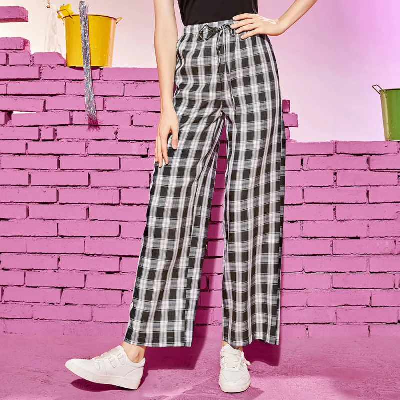 SEENFAAN Casual Pants Unisex Black Plaid Black-2