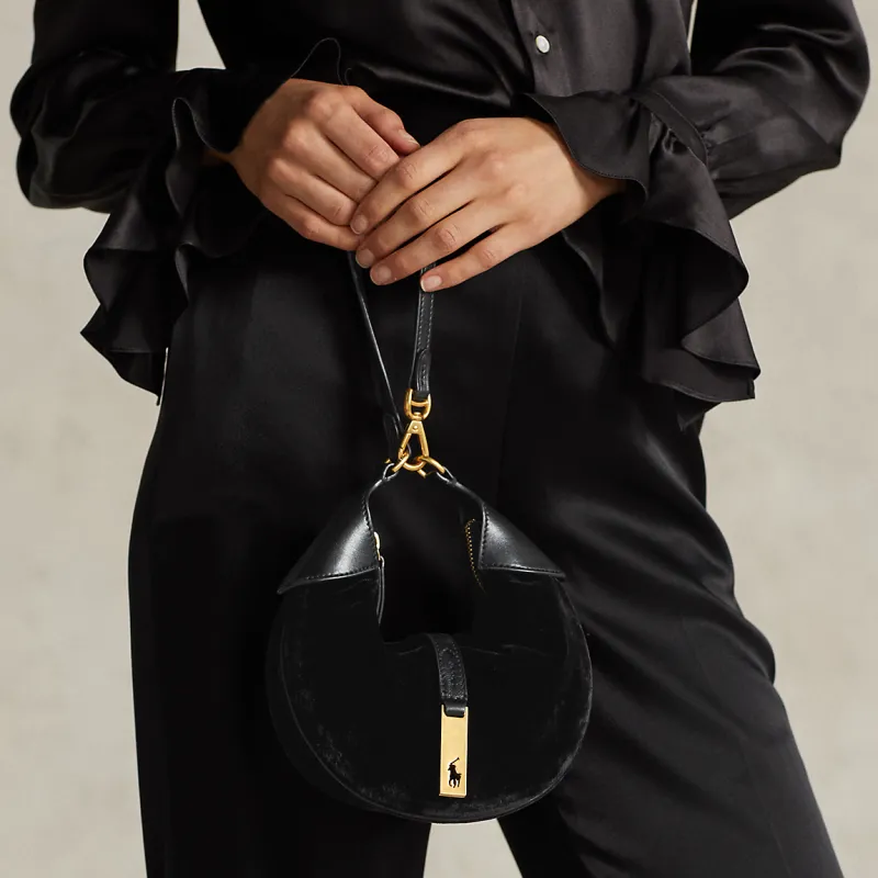 Polo Ralph Lauren Velvet With Calfskin Trim Handbag Shoulder Bag Women's Black-4