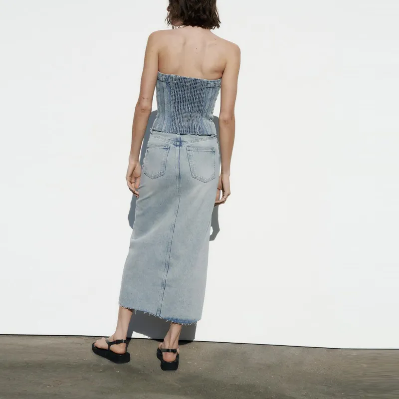 ZARA Denim Long Skirts Women's Blue-4