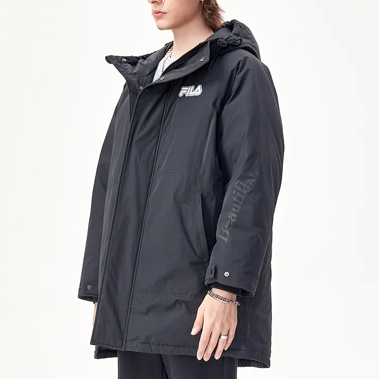 FILA FUSION TOKYO STUDIO Letter Hooded Loose Fit Mid Length Down Jacket Men's Pitch Black-5