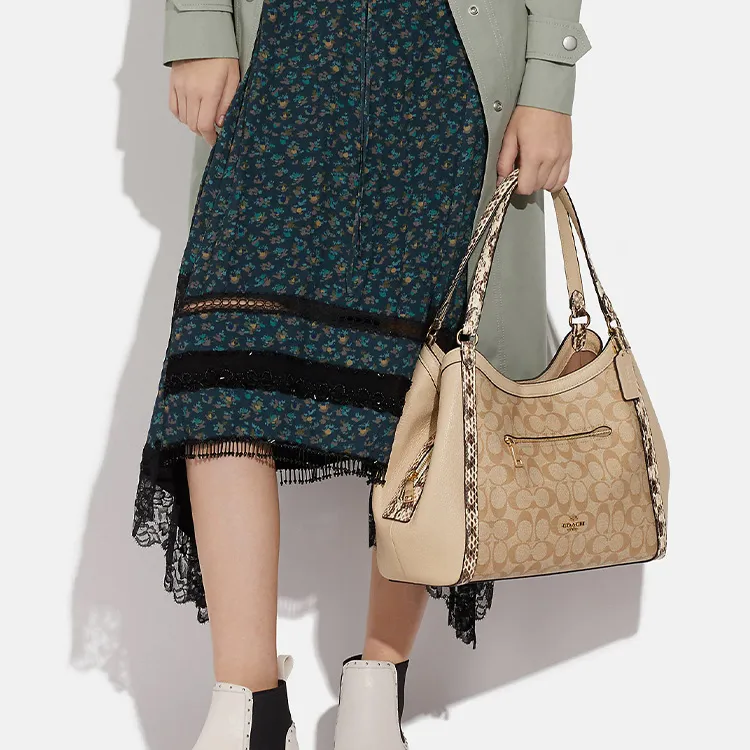 COACH Kristy Canvas With Leather One Shoulder Handbag Large Size Women's Khaki/Ivory-4