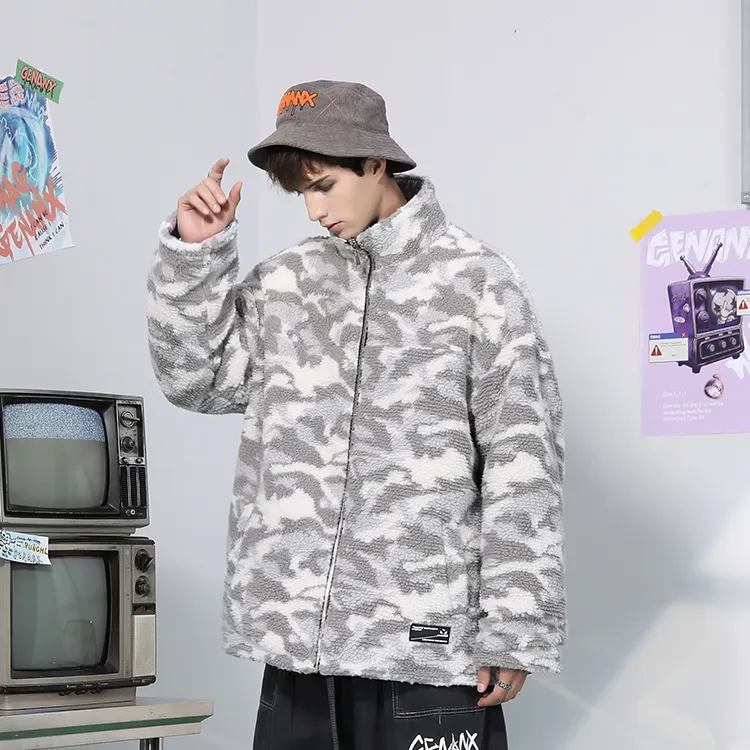 GENANX Letter Stand Collar Loose Fit Puffer Jacket Unisex Gray/Apricot Gray-6