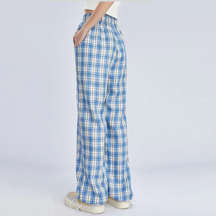 B.Duck Casual Pants Women's Blue White Plaid-3