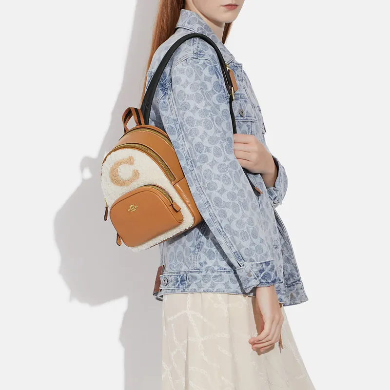 COACH Court Fabric Cow Leather Patchwork Backpack Mini Women's White & Brown-4