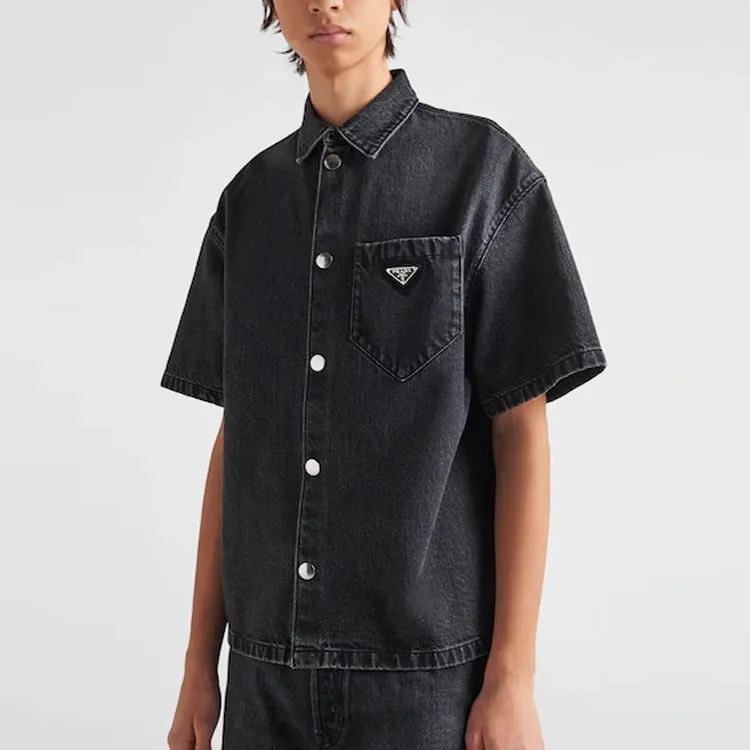 PRADA Logo Plaque Short Sleeved Denim Shirt-3