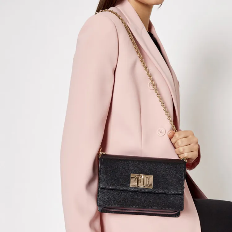 Furla Textured Leather Small Square Bag Shoulder Bag Trumpets Women's Black-4