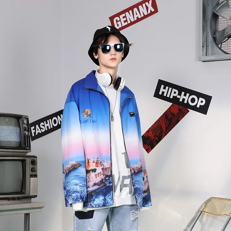 GENANX Loose Fit Jacket Unisex Print Blue-3