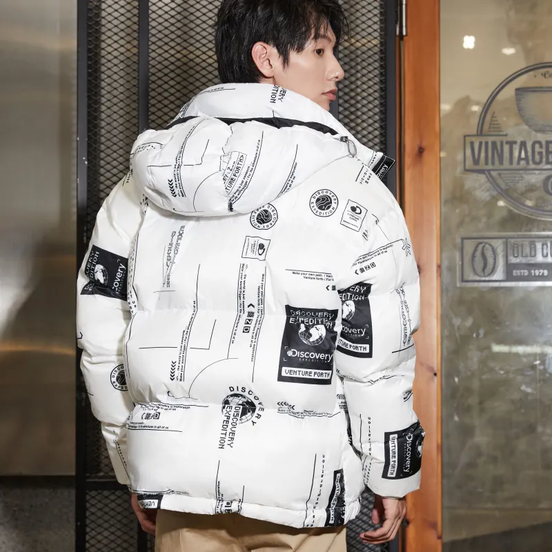 Discovery Expedition Letter Abstract Pattern Colorblock Hooded Down Jacket Unisex-3