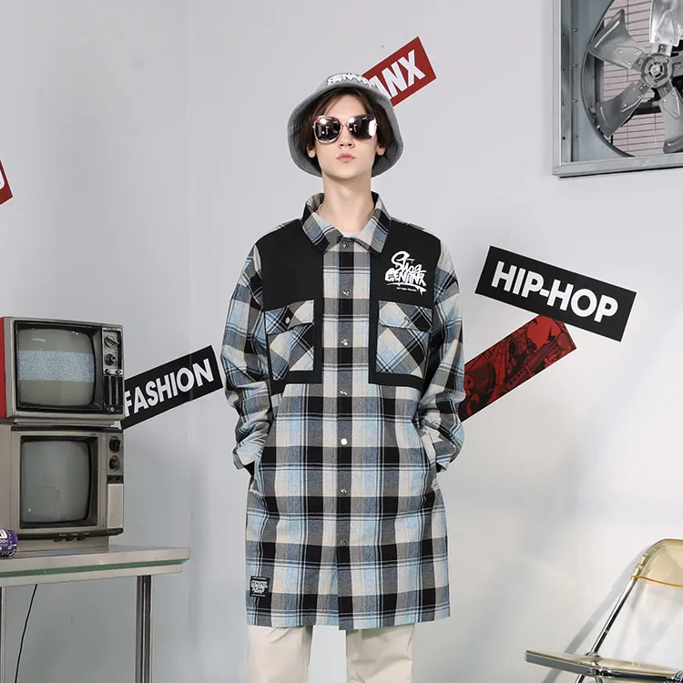 GENANX Trench Coats Unisex Apricot Blue Plaid-2