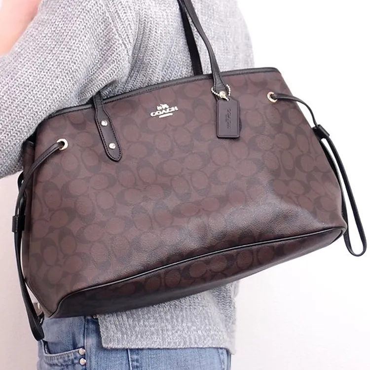 COACH Drawstring Canvas With Leather Carp Fish Bag Handbag Shoulder Bag Women's Dark Brown Monogram-5