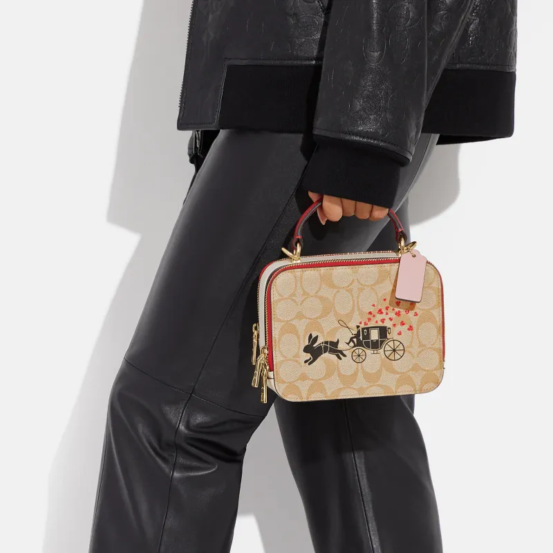 COACH BOX CROSSBODY Canvas With Leather Box Bag, Handbag, Crossbody Bag Small Size Women's Khaki & Pink-4