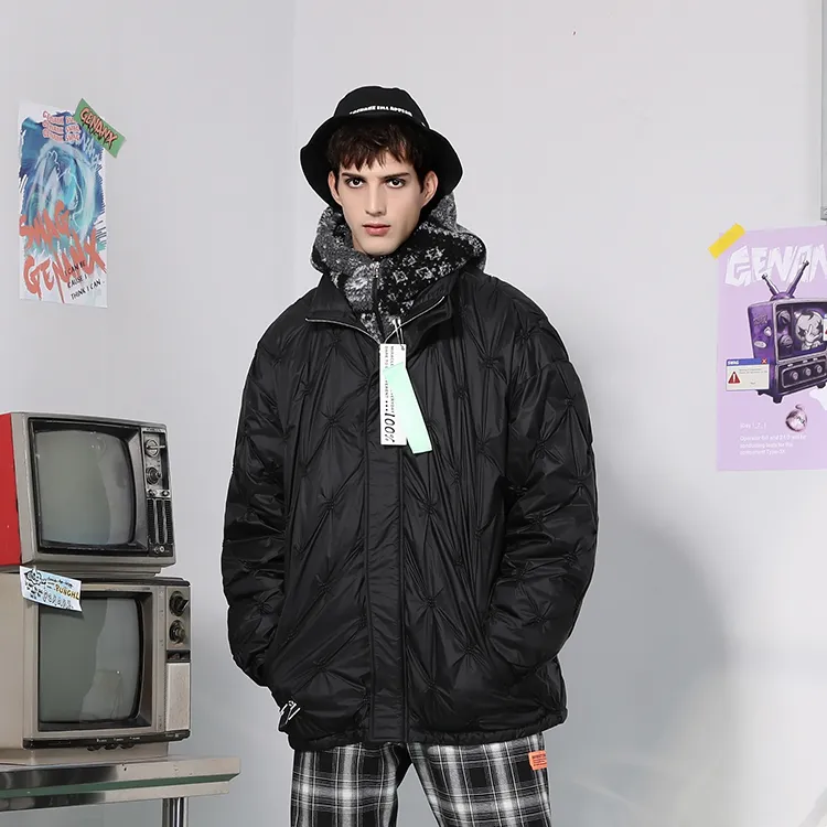 GENANX Solid Color Hooded Loose Fit Puffer Jacket Unisex Black-2