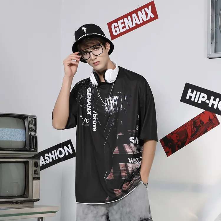 GENANX Straight Elbow Length Sleeved T Shirt Unisex Black-3