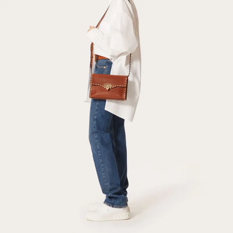 Valentino Rockstud Calfskin Messenger Bag Shoulder Bag Crossbody Bag Women's Brown-3