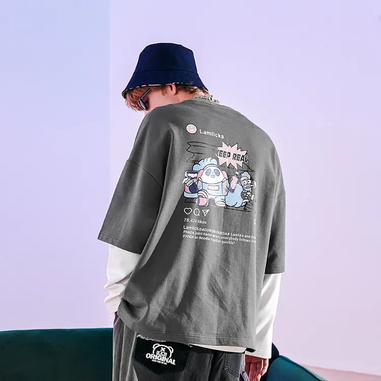 LAMLICKA YINYUEXIONGMAO Crew Neck Fitted Mock Two Piece T Shirt Unisex-4