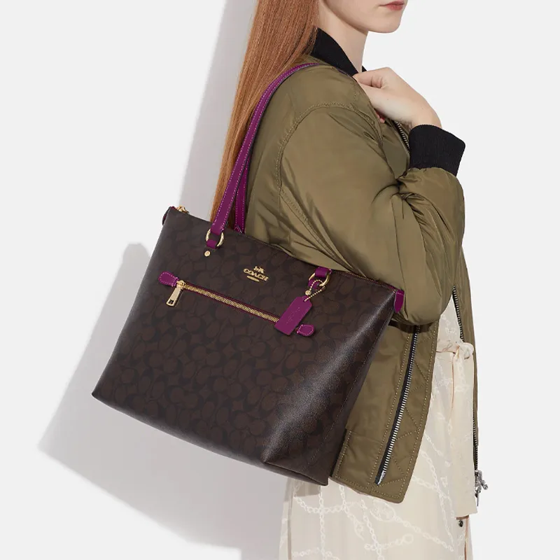 COACH Gallery Coated Canvas With Leather Tote Bag Shopping Bag Handbag Shoulder Bag Large Size Women's Brown & Dark Red-3