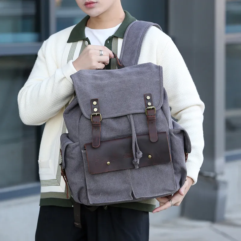 Slazenger Canvas With Top Grain Cow Leather Backpack Regular Unisex Gray/Khaki/Black-3