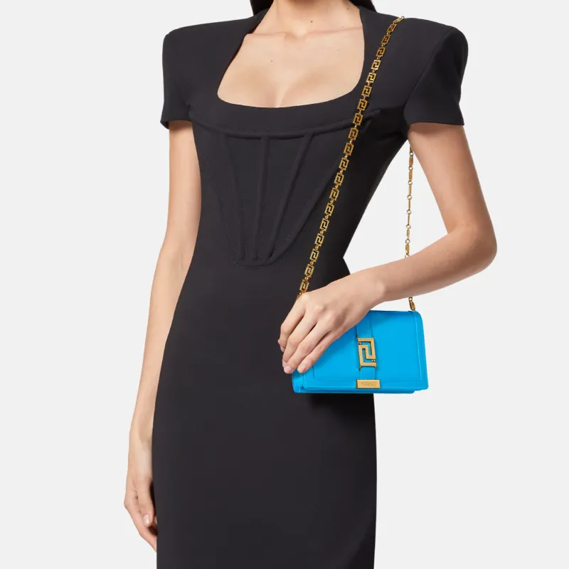 VERSACE Greca Goddess Cow Leather With Lambskin Trim One Shoulder Crossbody Clutches Mini Women's Light Blue-3
