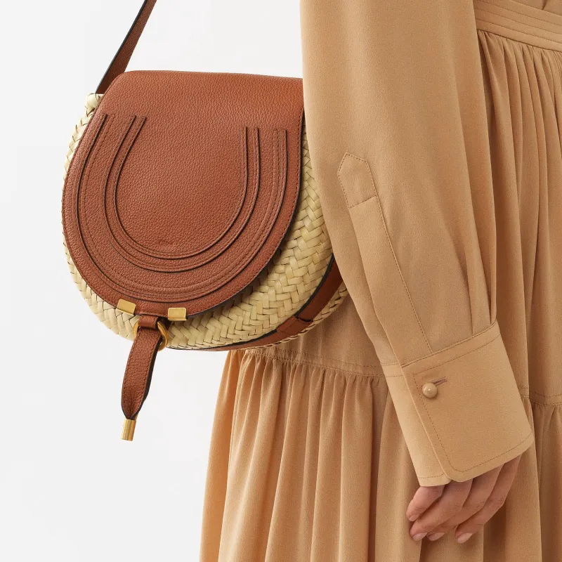 Chloe Marcie Raffia Design Grained Calfskin Saddle Bag Shoulder Bag Crossbody Bag Small Size Women's Beige/Brown-5
