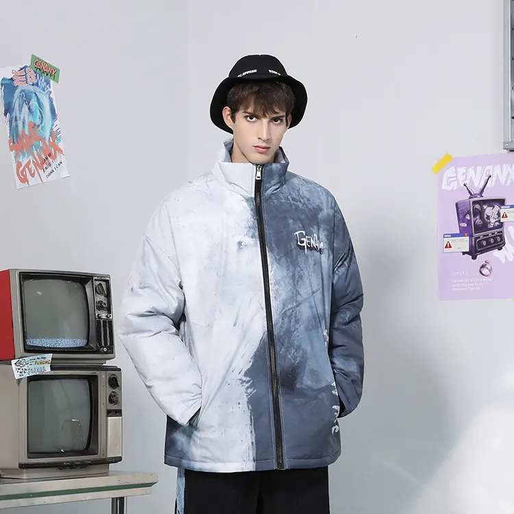 GENANX Letter Colorblock Stand Collar Loose Fit Puffer Jacket Unisex Gray-2
