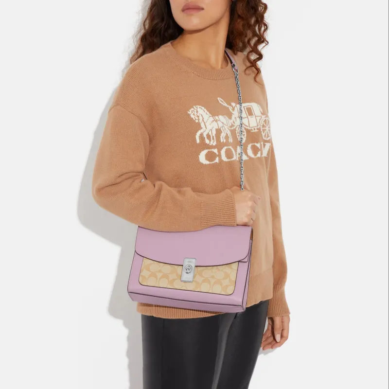 COACH Lane Coated Canvas With Pebbled Leather Portable Crossbody Bag Shoulder Bag Women's Khaki Monogram & Pink-3
