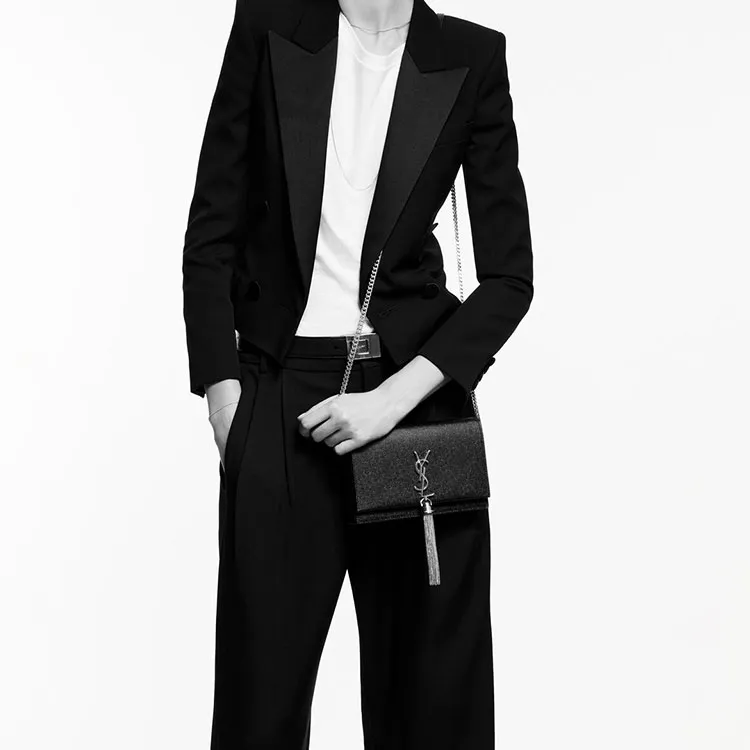SAINT LAURENT KATE Shiny Leather Fringe Bag, Crossbody Bag, Shoulder Bag Trumpets Women's Black-7