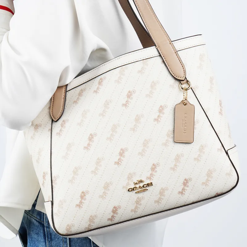 COACH Artificial Leather Tote Bag, Shopping Bag, Shoulder Bag, Handbag Medium Size Women's Pink White-4