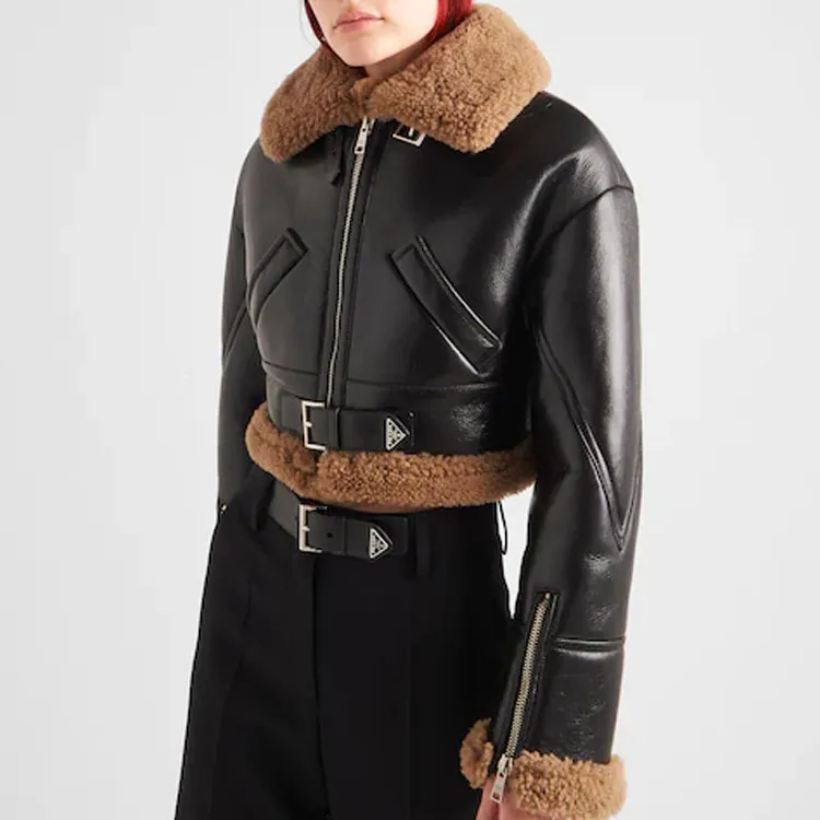 PRADA Leather Jackets Women's Black-3