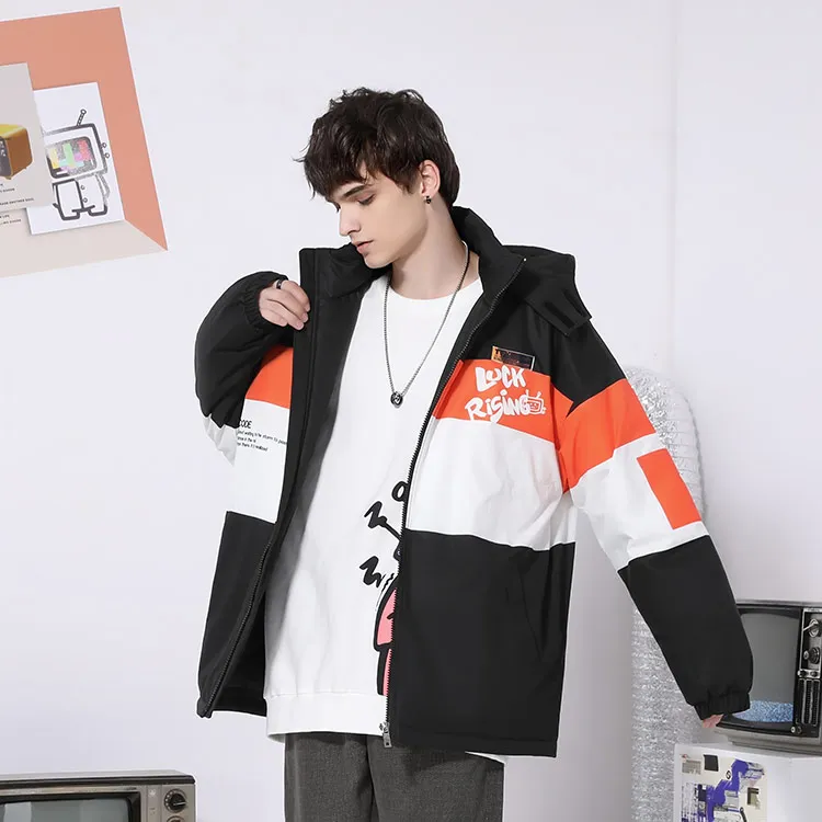 TVX Letter Colorblock Detachable Hood Loose Fit Puffer Jacket Unisex-5
