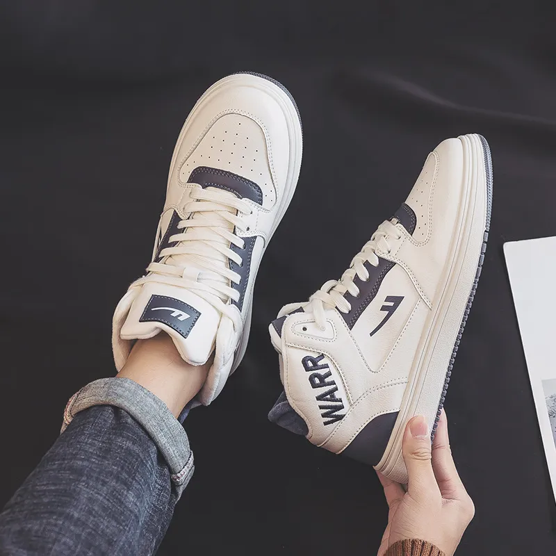 Warrior Wear-resistant Lightweight Breathable And Non-slip. High-Top Skateboard Shoes Men's Beige Blue-5