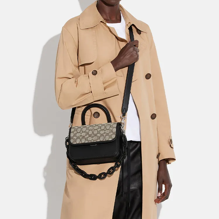 COACH Rogue Fabric With Glove Tanned Leather Shoulder Bag, Crossbody Bag, Handbag Trumpets Women's Taupe & Black-4