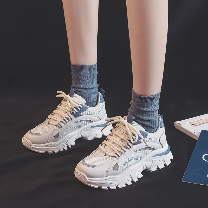 Warrior Abrasion Resistant Breathable Height Increasing Low Top Chunky Sneakers Unisex Beige Blue-4
