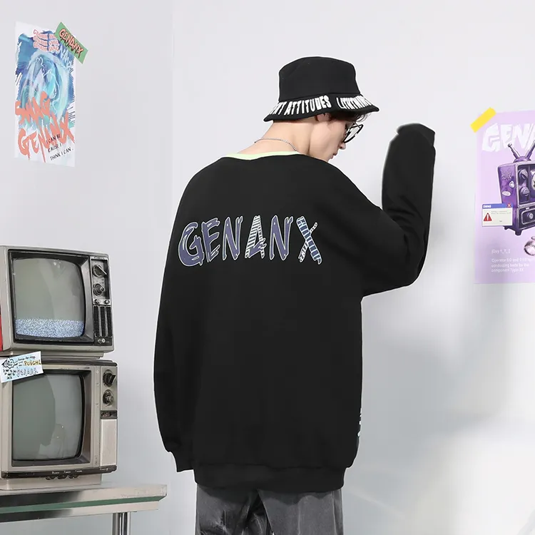 GENANX Crew Neck Loose Fit Regular Sweatshirt Unisex Black-3