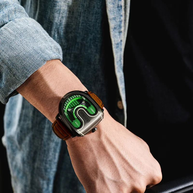 ATOWAK Wind-chasing Series Wrist Watch Automatic Mechanical Movement Genuine Leather Strap Green Dial Men's Watches-7