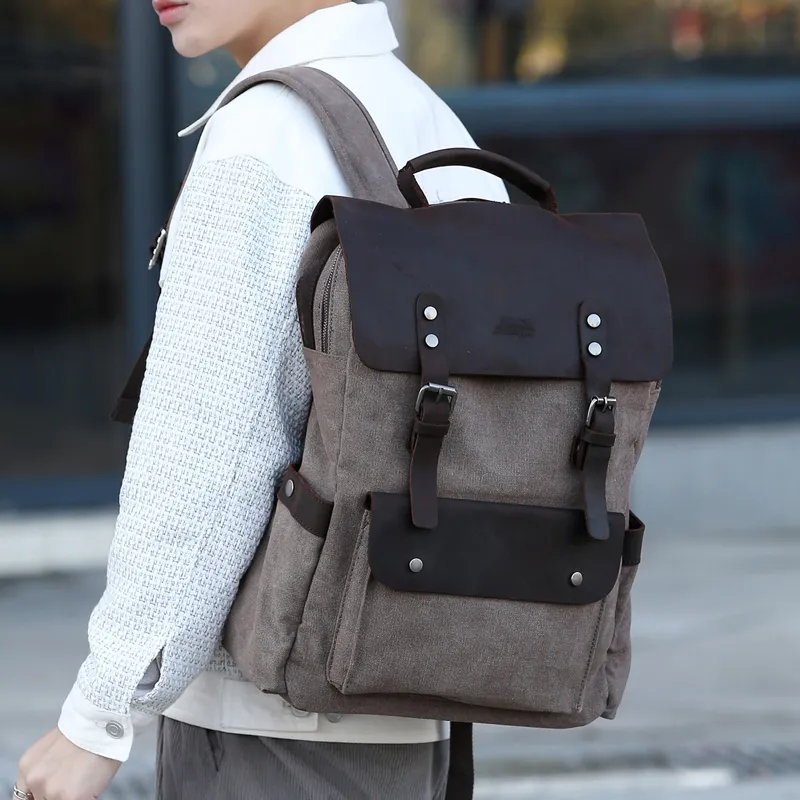 Slazenger Canvas Top Grain Cow Leather Backpack Regular Unisex Multicolor-4