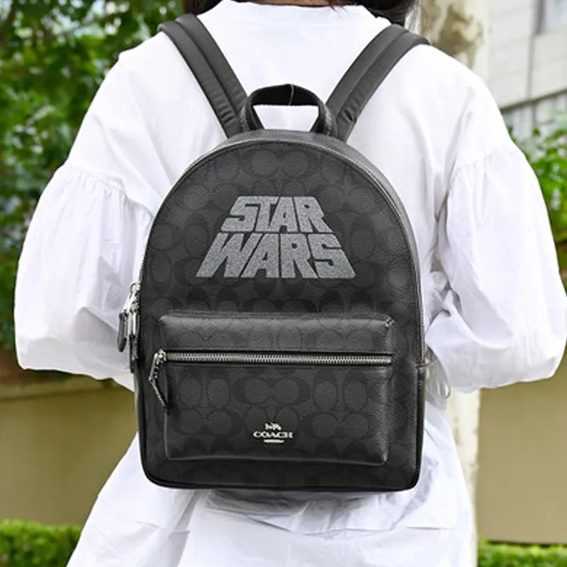 COACH Star Wars Xingji Battle Collaboration Canvas With Leather Backpack Large Size Women's Gray Black-6