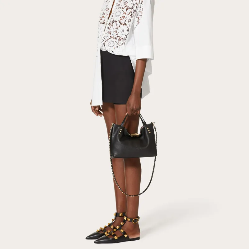 Valentino ROCKSTUD Grained Calfskin Shoulder Bags Handbags Small Size Women's Black-3