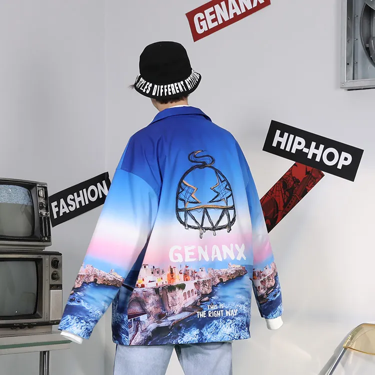 GENANX Loose Fit Jacket Unisex Print Blue-4
